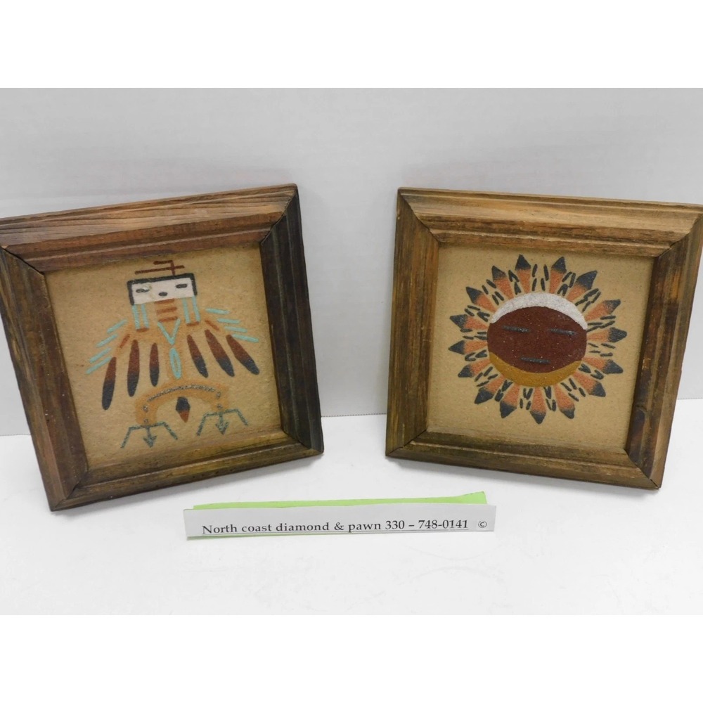 Vintage Navajo Sand Art Set of 2 Big Thunder Sun of Eagles Signed Yazzie DW780